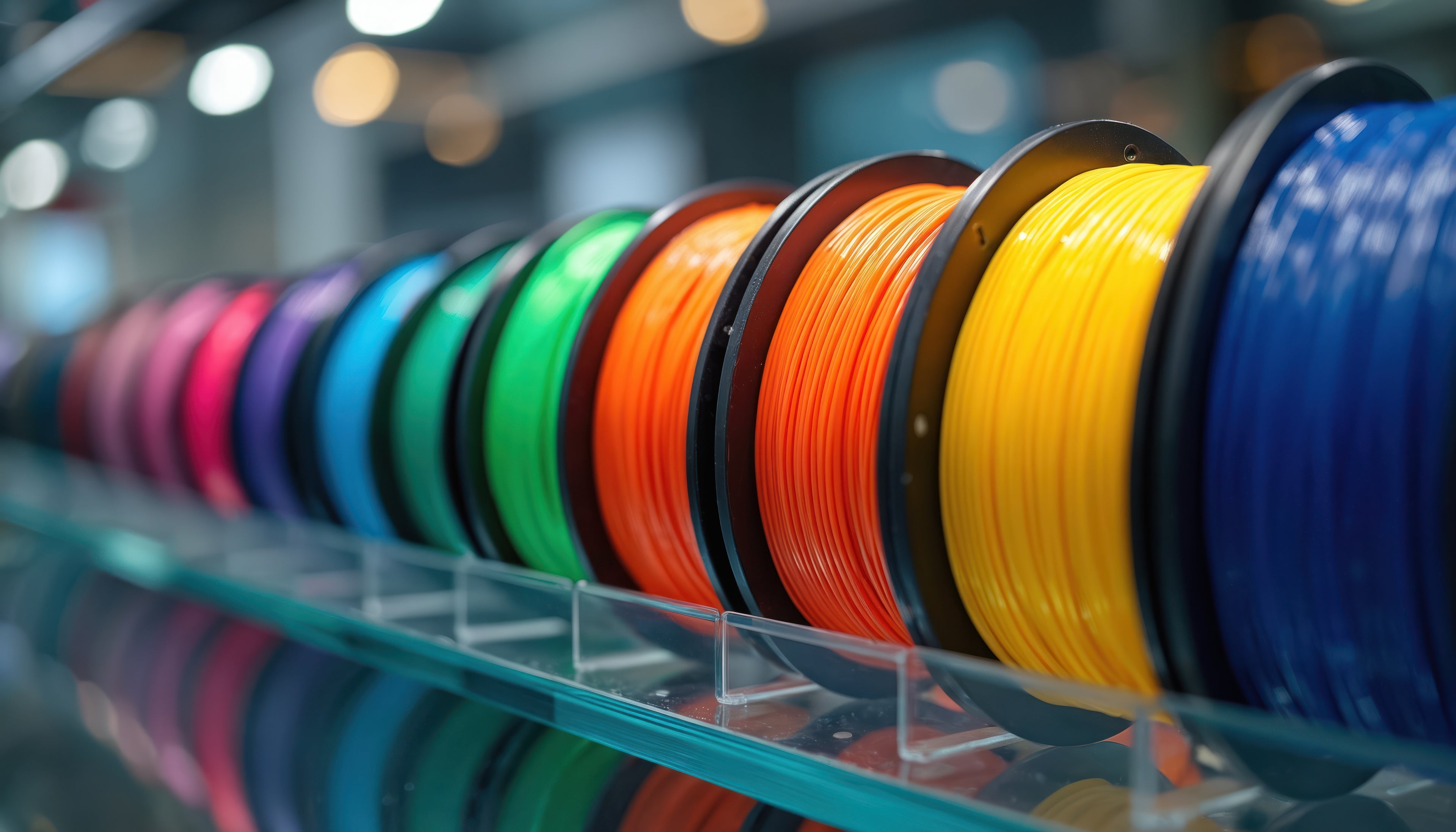 Colorful spools of filament on a shelf with a blurred background