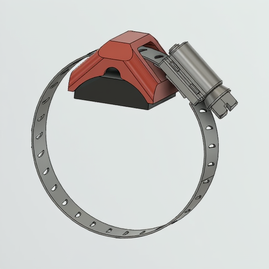 Metallic ring with a red and gray clamp on a light gray background