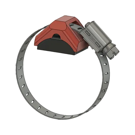 Metallic ring with red and gray PipeBandit repair clamp