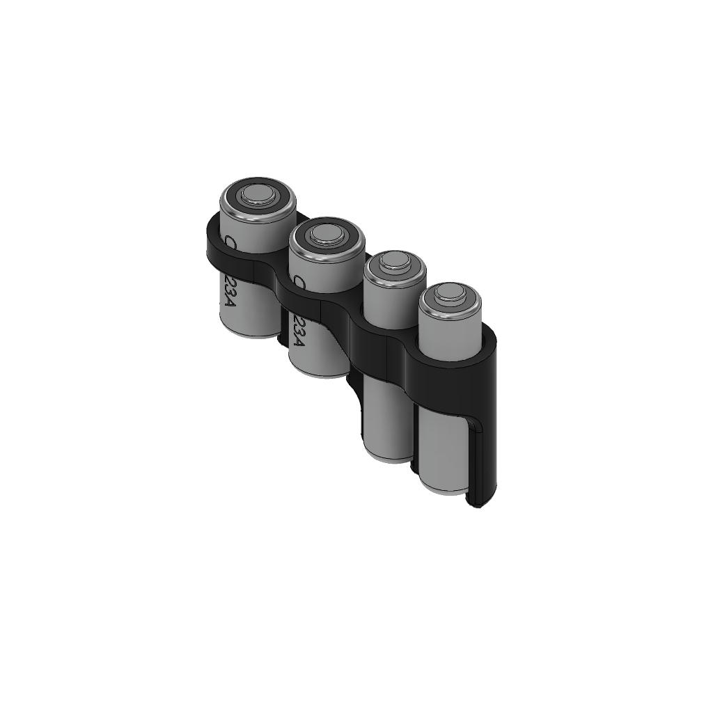 Black and gray battery holder with six AA batteries on a white background