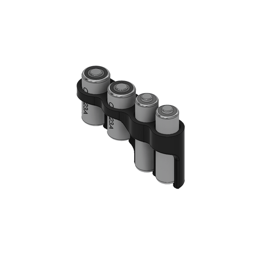 Black and gray battery holder with six AA batteries on a white background