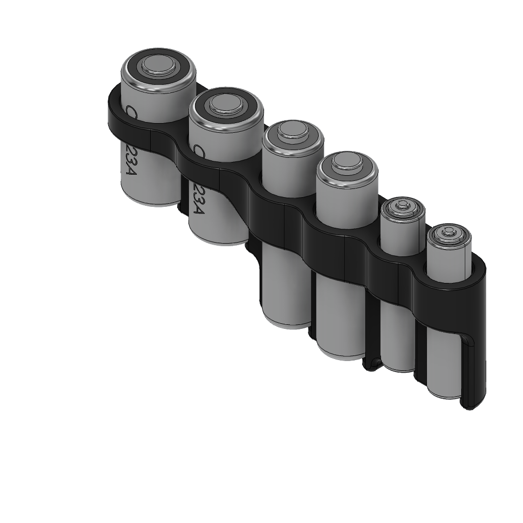 Row of batteries in a black holder on a white background