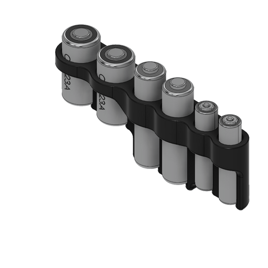 Row of batteries in a black holder on a white background