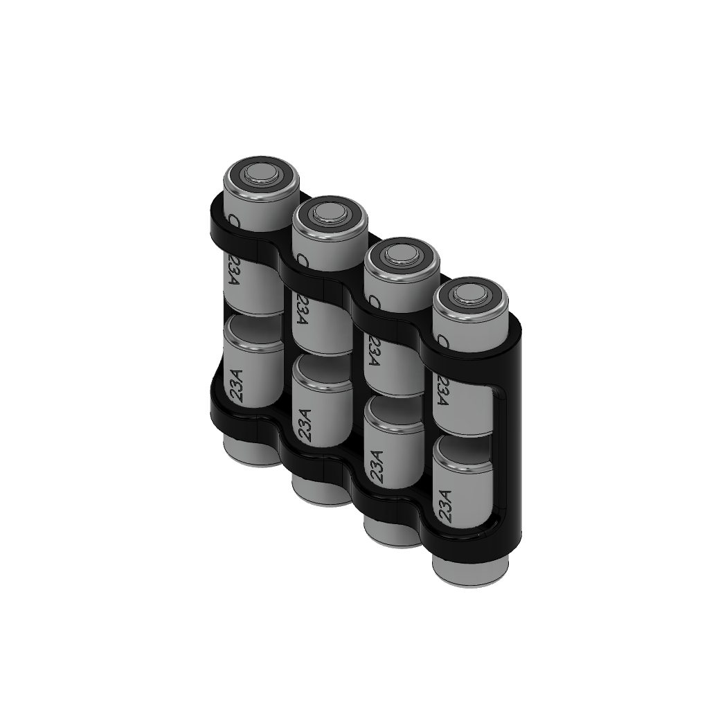 Black holder with six 23A batteries on a white background