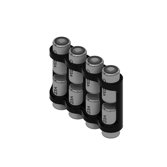 Black holder with six 23A batteries on a white background