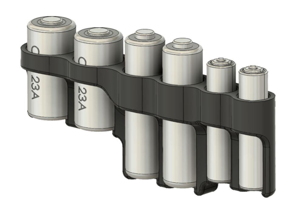 A black battery holder designed to hold multiple batteries, with visible slots for CR123 and AA batteries.